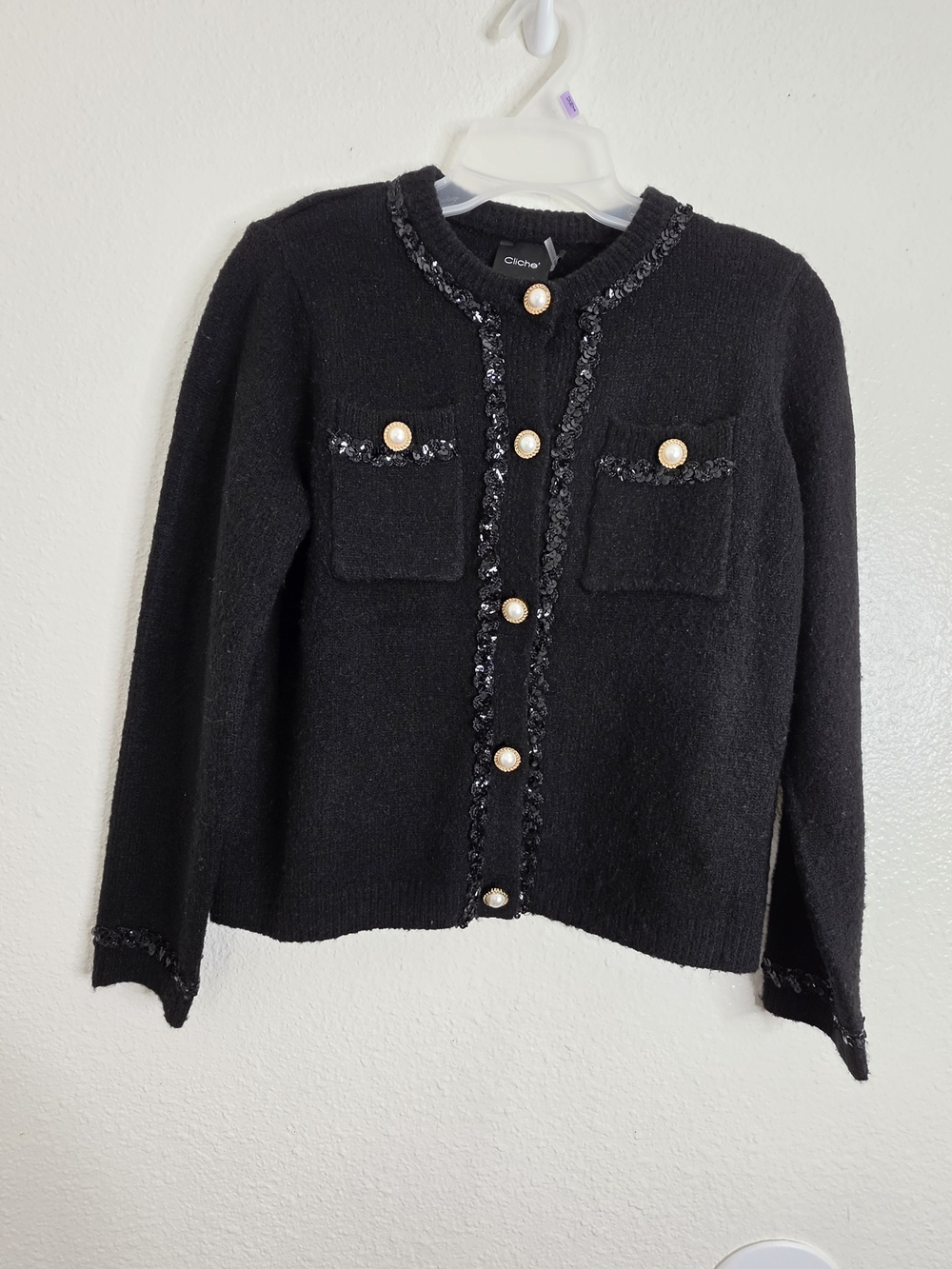 Cliche Women Small Black Wool Blend Cardigan Sweater Sequin Pearl Button Knit